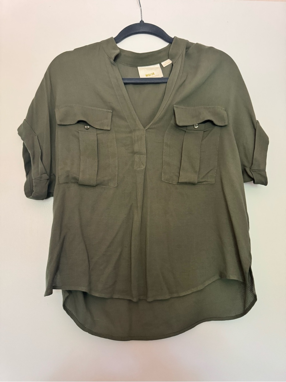 Maeve Olive Green Utility V-Neck Pocket Blouse
